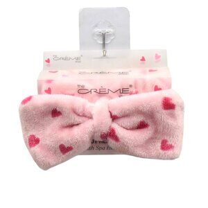 The Crème Shop Teddy Headband Plush Spa Headband Red Hearts on Pink Bow